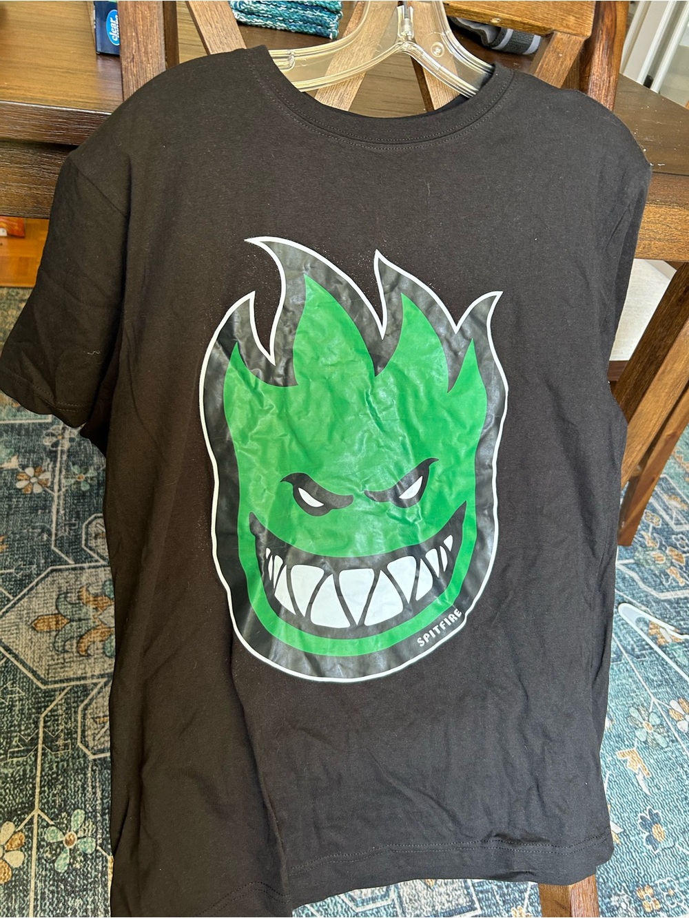 Spitfire Bighead Men’s Black Short Sleeve Tee with Green Flame Face Graphic